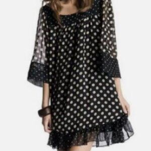 Jovovich-Hawk Chiffon Square-Neck Dot Print Dress in Black/Tan Misses Size XS